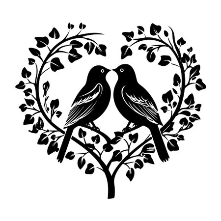 This black and white illustration showcases two birds kissing, surrounded by leaves that form a heart shape, symbolizing love and connection in nature.のイラスト素材