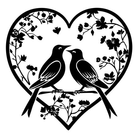 A striking silhouette of two birds forming a heart shape, adorned with floral elements, symbolizes love and harmony. Perfect for romantic and nature-themed projects.のイラスト素材