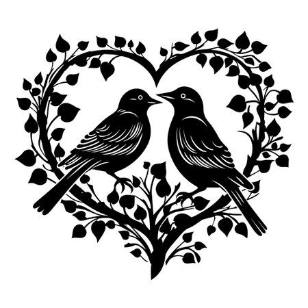 Artistic representation of two birds sitting on branches, creating a heart shape with leaves. Ideal for romantic themes and nature-inspired designs.のイラスト素材