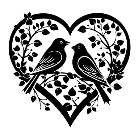 This artistic silhouette features two birds framed by leaves in a heart shape, symbolizing love and unity. Ideal for nature-themed and romantic designs.のイラスト素材