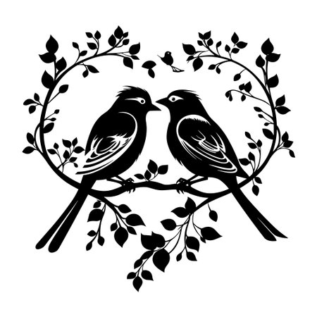 This beautiful black and white illustration features two birds lovingly perched on a branch surrounded by leaves, perfect for nature-inspired dのイラスト素材