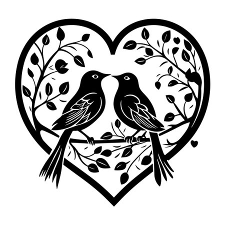 This artistic silhouette features two birds in love framed by a heart shape and surrounded by delicate branches and leaves, symbolizing romance and connection.のイラスト素材