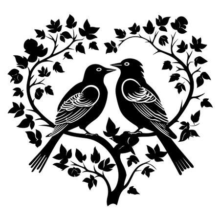 This elegant black silhouette depicts two birds nestled within a heart shape formed by intertwining vines and leaves, symbolizing love and harmony in nature.のイラスト素材