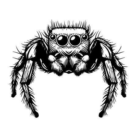 This black and white illustration of a spider showcases intricate details and textures, perfect for nature-themed designs and artistic projects.のイラスト素材