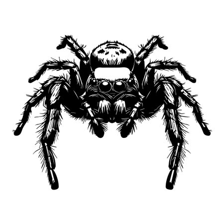 This black and white illustration features a detailed spider, showcasing its intricate features and textures, perfect for educational and artistic projects.のイラスト素材