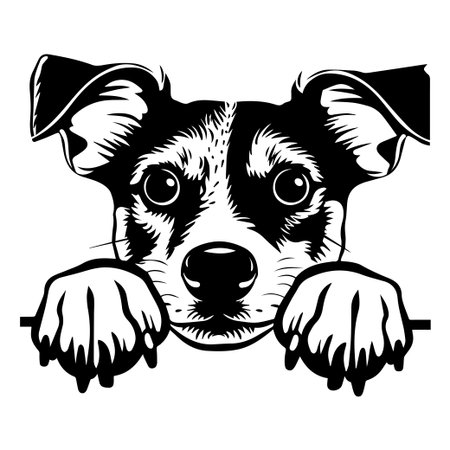 A delightful black and white illustration featuring a dog with expressive eyes and playful ears, capturing the charm and warmth of canine companionship.のイラスト素材