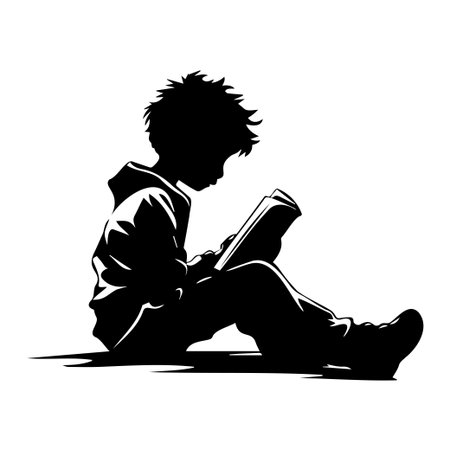 A captivating silhouette image of a young child engrossed in reading a book, embodying imagination and learning. Ideal for themes of education and creativity.のイラスト素材