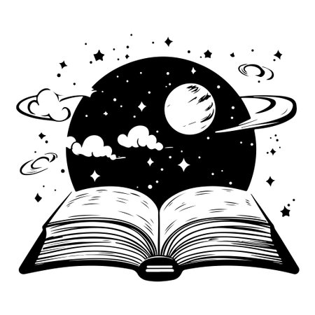 This artistic illustration features an open book with a cosmic backdrop, showcasing planets and stars, symbolizing the boundless exploration of imagination and creativity.のイラスト素材