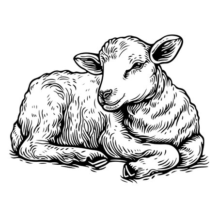 This handcrafted illustration depicts an adorable lamb resting serenely, showcasing intricate details of its features. Perfect for farm-themed projects.のイラスト素材