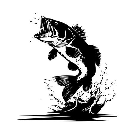 Captivating black and white illustration of a bass fish jumping out of water, creating a splash, showcasing dynamic motion and artistic flair in nature.のイラスト素材