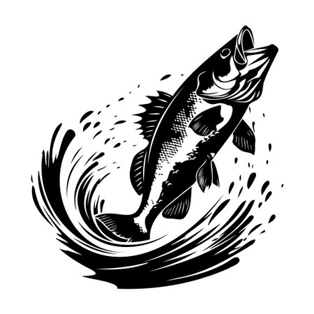 A striking black and white illustration depicts a fish leaping out of water, creating dynamic splashes. Ideal for themes related to nature, wildlife, and adventure.のイラスト素材