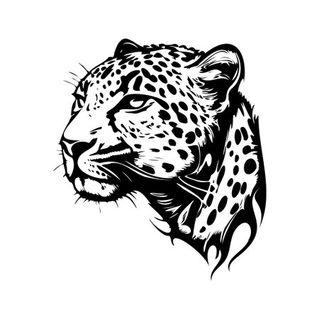 This stunning black and white illustration features a leopard head with intricate details, exuding strength and elegance, perfect for art lovers and nature enthusiasts.のイラスト素材