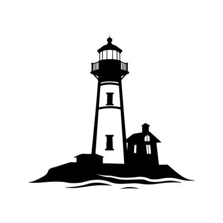 This striking silhouette illustration features a vintage lighthouse standing tall on an island, surrounded by gentle waves, symbolizing hope and guidance.のイラスト素材