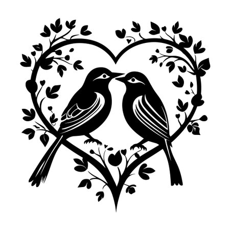 This beautiful silhouette features two loving birds within a heart-shaped floral arrangement, symbolizing romance and connection in a striking black and white design.のイラスト素材