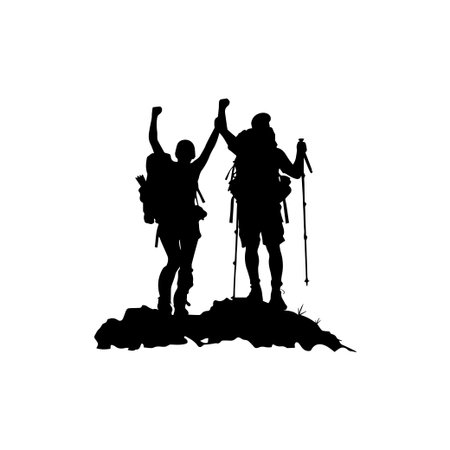 Silhouetted hikers stand triumphantly on a mountain peak, raising their arms in celebration. This image captures the essence of adventure and achievement in nature.のイラスト素材
