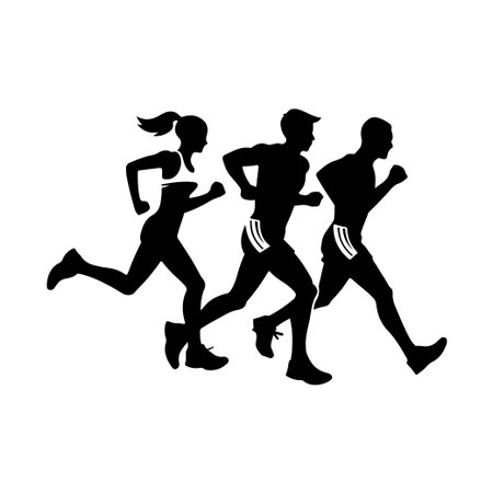 Three silhouettes of runners captured in motion, representing the essence of fitness and determination. Perfect for themes such as sports, activity, and wellness.のイラスト素材