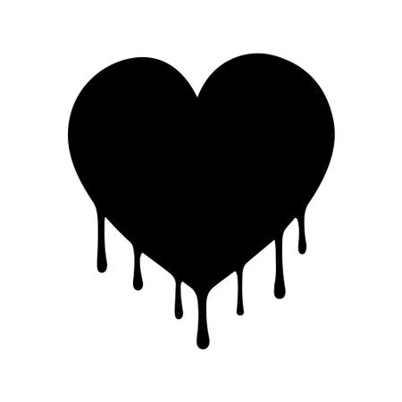 A striking black heart with a dripping effect, perfect for artistic projects, graphic designs, or symbols of emotion and love on a clean white background.のイラスト素材