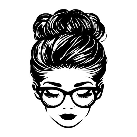 This minimalist illustration features a stylish young woman with glasses and a hair bun, representing beauty and elegance in a modern design suitable for various projects.のイラスト素材