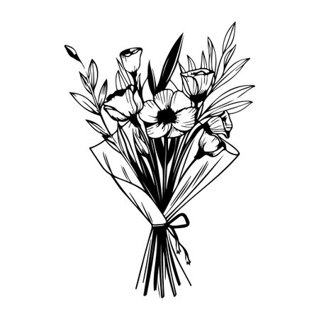 This hand-drawn illustration features a beautiful bouquet of diverse flowers arranged naturally, perfect for art projects, print designs, or decoration.のイラスト素材