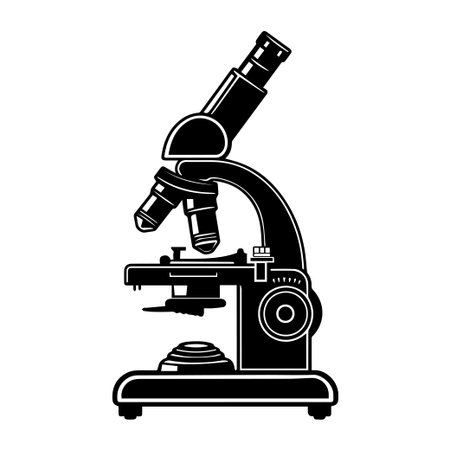 Black and white vintage illustration of a microscope suitable for educational and scientific materials, emphasizing precision and laboratory research aesthetics.のイラスト素材