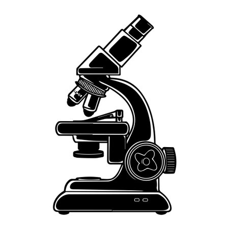 This black and white illustration of a microscope represents scientific research and educational purposes, ideal for use in academic or educational materials.のイラスト素材