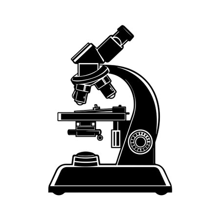 A detailed illustration of a laboratory microscope in black silhouette against a white background, perfect for science, education, and research concepts.のイラスト素材