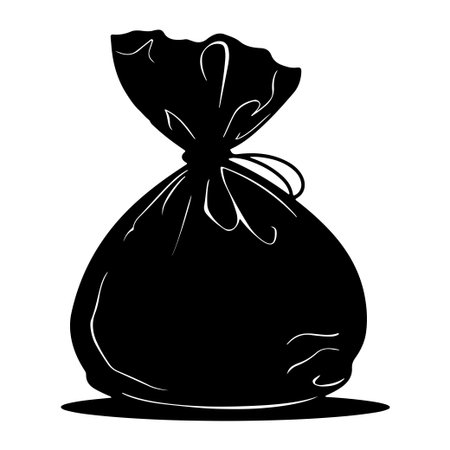 A black silhouette of a trash bag ideal for representing waste management and recycling themes. Perfect for use in environmental awareness campaigns and designs.のイラスト素材