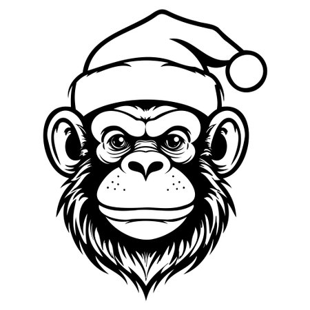 This illustration showcases a monkey adorned with a Santa hat, featuring striking details and expressions. Perfect for holiday-themed designs and festive merchandise.のイラスト素材