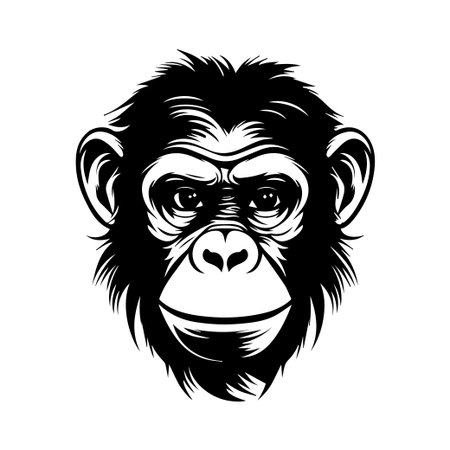This illustration features a detailed chimpanzee head, emphasizing its expressive eyes and intricate fur texture, perfect for wildlife-themed projects and artworks.のイラスト素材