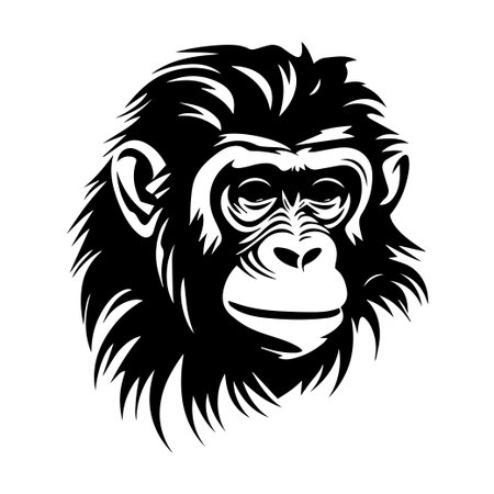 A striking black and white illustration of a chimpanzee head, featuring intricate fur detail and a thoughtful expression, perfect for wildlife-themed designs.のイラスト素材