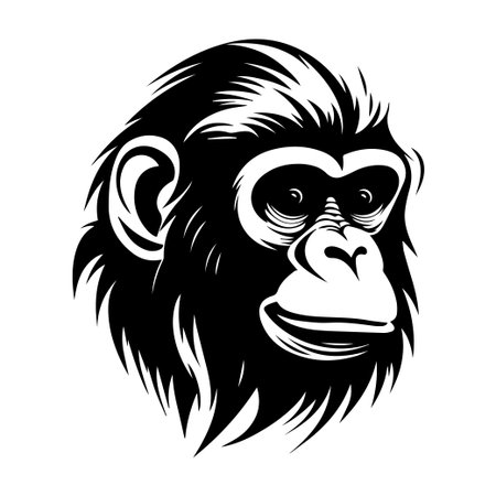 A striking black and white illustration of a chimpanzee head, showcasing detailed fur and expressive features. Ideal for creative projects and animal-themed designs.のイラスト素材
