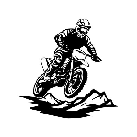 A dynamic motocross rider is shown in mid-air, navigating an off-road terrain, capturing the thrill and excitement of extreme sports in a breathtaking landscape.のイラスト素材