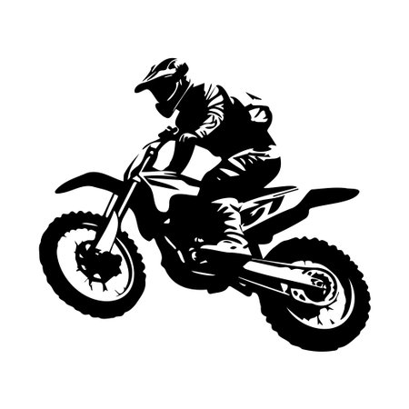 This dynamic image captures a motocross rider in action, elegantly performing a jump on a dirt bike. Ideal for showcasing adventure and adrenaline in extreme sports.のイラスト素材