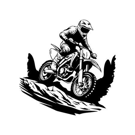Experience the excitement of motocross with this dynamic black and white illustration of a rider performing a jump over rocky terrain, showcasing speed and skill.のイラスト素材