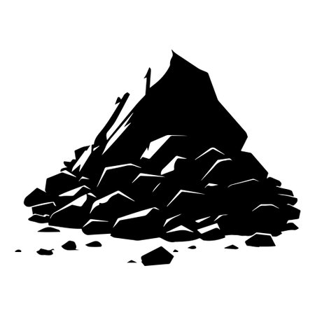 This illustration features a striking black silhouette of a large pile of rocks, showcasing textured surfaces and natural shapes, perfect for creative projects.のイラスト素材