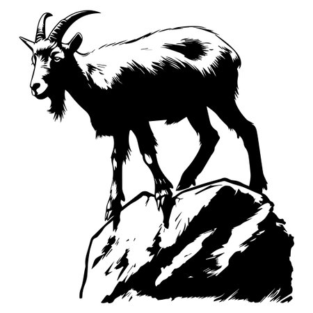 A striking black and white illustration of a mountain goat perched on a rocky outcrop, showcasing its graceful posture and strong build, ideal for nature enthusiasts.のイラスト素材