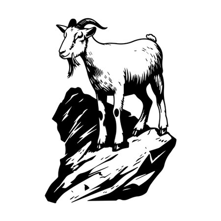 This striking monochrome illustration captures a goat standing confidently on a rock, showcasing its natural beauty. Ideal for eco-themed graphic designs.のイラスト素材