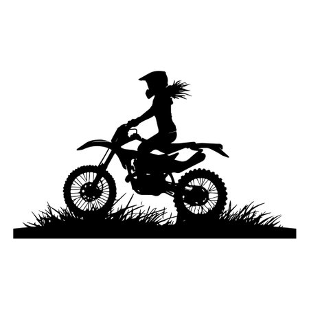 This striking silhouette captures a motocross rider on a dirt bike, symbolizing the thrill of adventure and speed, perfectly framed against a natural landscape.のイラスト素材