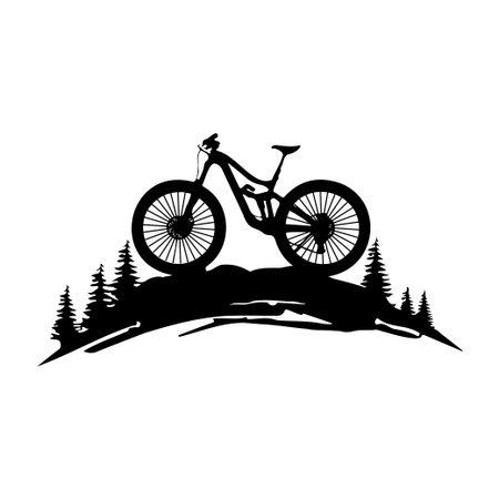 A striking silhouette of a mountain bike perched on a hill, surrounded by towering pine trees, symbolizing the thrill of outdoor adventures in nature.のイラスト素材