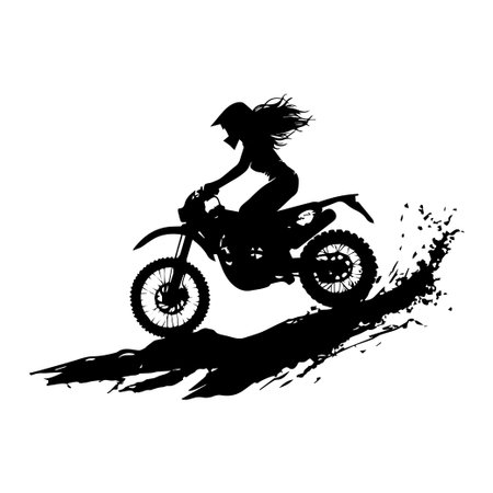 This image features a dynamic silhouette of a woman riding a dirt bike, showcasing her adventurous spirit as she navigates a dusty trail with excitement.のイラスト素材