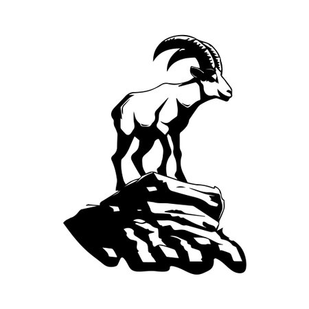 A striking black and white illustration features a mountain goat standing confidently on a rocky surface. This artistic piece captures the spirit of wilderness and adventure.のイラスト素材