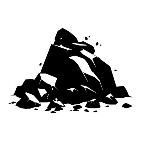 Clean and minimalistic black and white rock formation illustration featuring sharp edges and scattered stones, ideal for creative projects or nature-themed designs.のイラスト素材