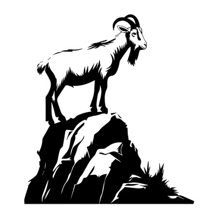 A powerful black and white illustration of a goat standing confidently on a rocky summit, emphasizing its strength and the beauty of nature in a minimalist design.のイラスト素材