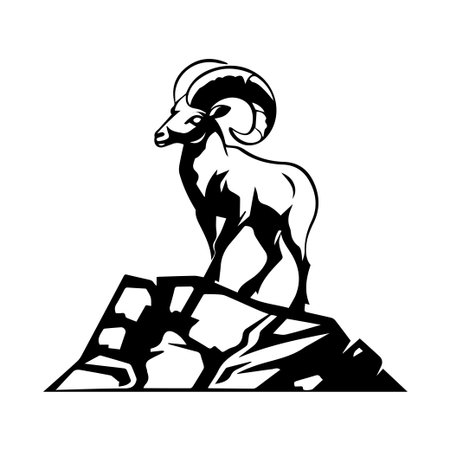 This striking black and white vector illustration features a majestic mountain goat standing on rocky terrain, symbolizing strength and resilience in nature.のイラスト素材