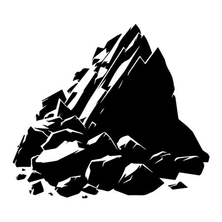 A striking black silhouette of a rocky mountain peak showcasing its rugged texture and sharp edges, ideal for designs related to adventure, nature, and exploration.のイラスト素材
