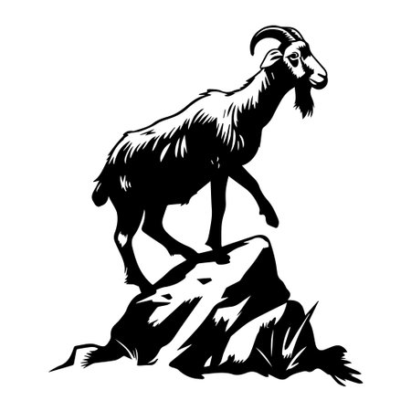 This black and white silhouette showcases a majestic goat standing on rocky terrain, symbolizing strength and freedom in the wilderness. Ideal for nature themes.のイラスト素材