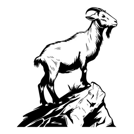 A striking illustration of a mountain goat perched on a rocky outcrop, capturing the essence of wilderness and resilience in nature's stunning landscape.のイラスト素材
