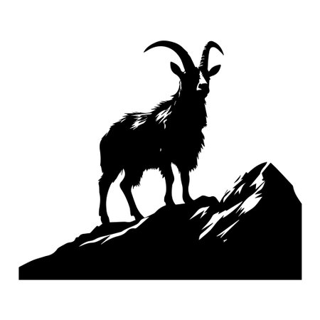 A striking silhouette of a mountain goat standing on rocky terrain, showcasing its robust form and distinctive horns against a clean white background, symbolizing wilderness.のイラスト素材