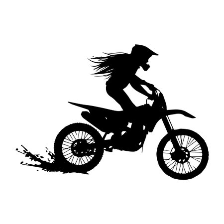 Captivating silhouette of a female rider on a motocross bike, epitomizing the exhilaration of extreme sports. Ideal for promoting adventure and outdoor activities.のイラスト素材