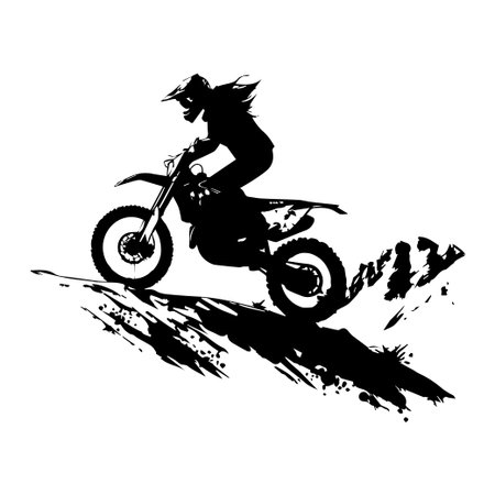 This striking silhouette captures a motorbike rider in the midst of an action-packed ride over rugged terrain, creating a sense of adventure and thrill.のイラスト素材